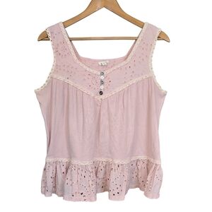 POL Boho Eyelet Lace Tank Top Cottagecore Peplum Pink Size Small